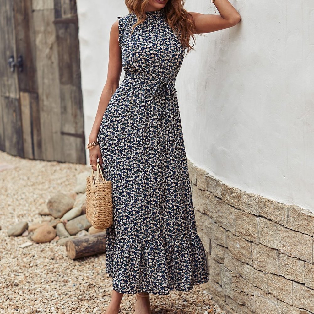 New Ditsy Floral Ruffle Hem Belted Dress - Picture 6 of 8